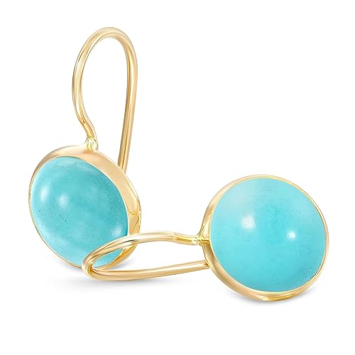 14k Solid Yellow Gold Turquoise Earrings - December Birthstone Earrings - 8mm Dangle Earrings, Dainty Turquoise Gemstones Earrings, Bridal Handmade Wedding Jewelry Gift for Brides, Graduation Gift
