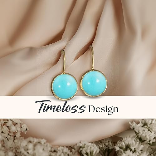 14k Solid Yellow Gold Turquoise Earrings - December Birthstone Earrings - 8mm Dangle Earrings, Dainty Turquoise Gemstones Earrings, Bridal Handmade Wedding Jewelry Gift for Brides, Graduation Gift